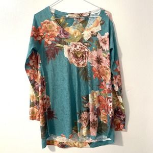 Soft Surroundings Green Teal Tunic Top Women's S Small Floral Pink Knit Summer